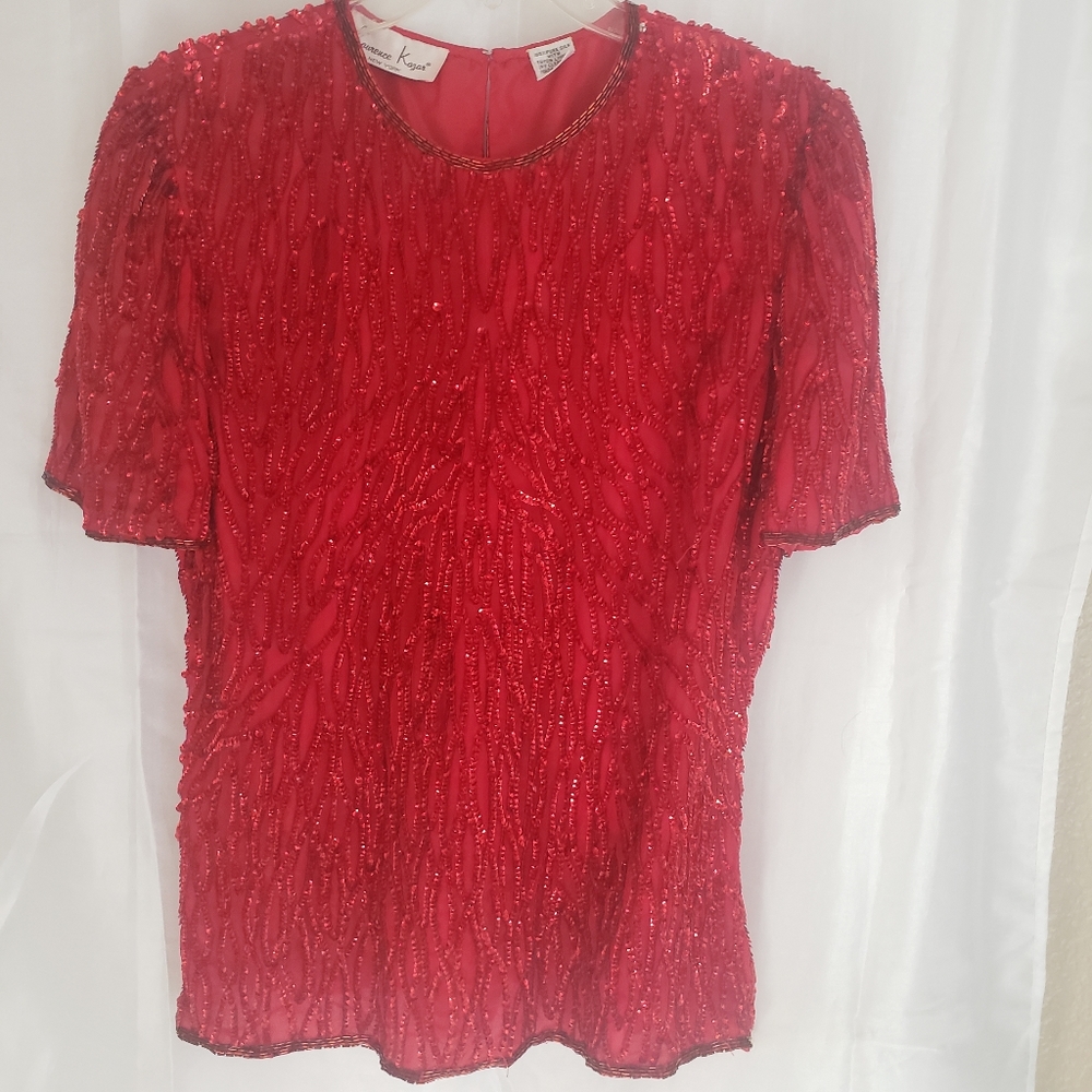 LAURENCE KAZAR RED SEQUIN BLOUSE 100% SILK RAYON LINING